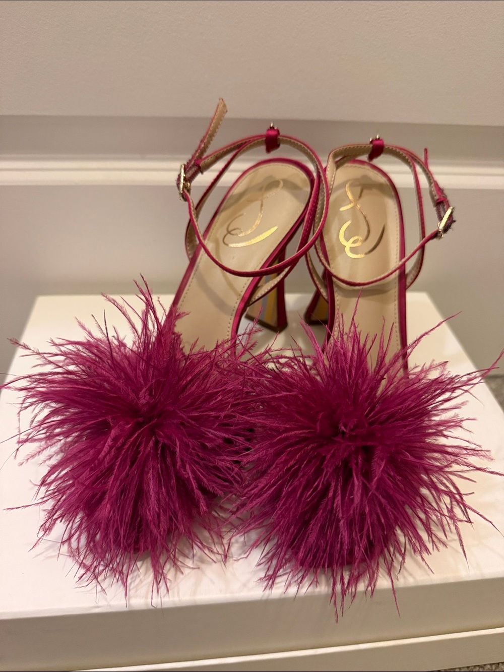 Sam Edelman Feather Pom-Pom Ankle-Strap Heels in Fuchsia